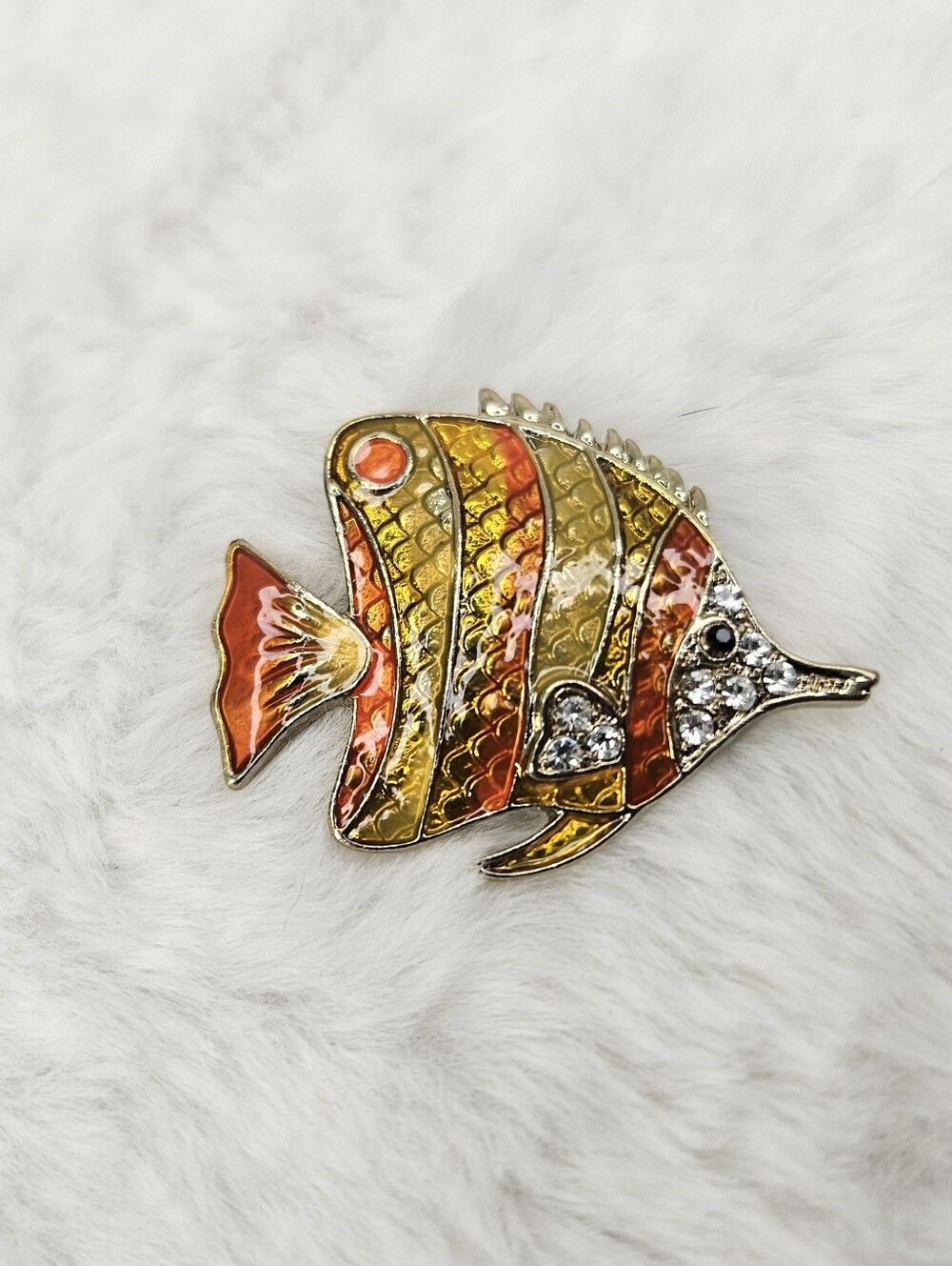Gold and Orange Tropical Fish Brooch - Elegant Enamel & Crystal Accent